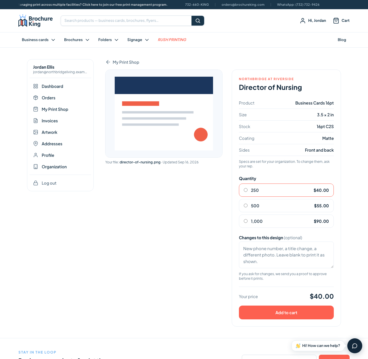 A design page: locked specs, quantity and price, add to cart
