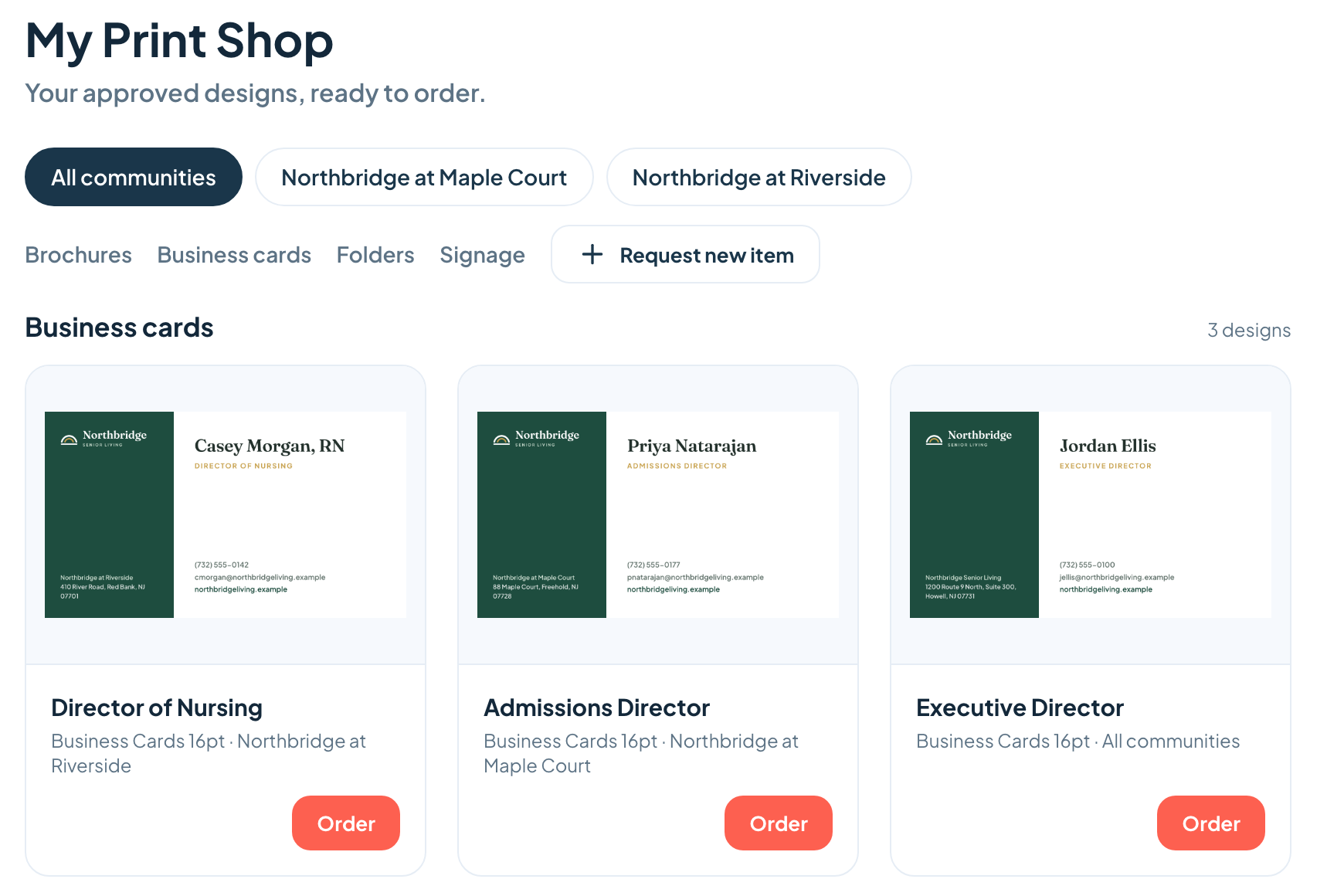 My Print Shop: a senior living group's approved business cards, ready to order